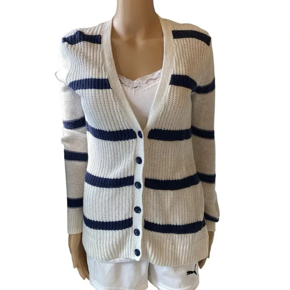 OldNavy Lose Knit Long Sleeve Cardigan Sweater Lady Sz Sp White Navy Linen Blend - Picture 1 of 9